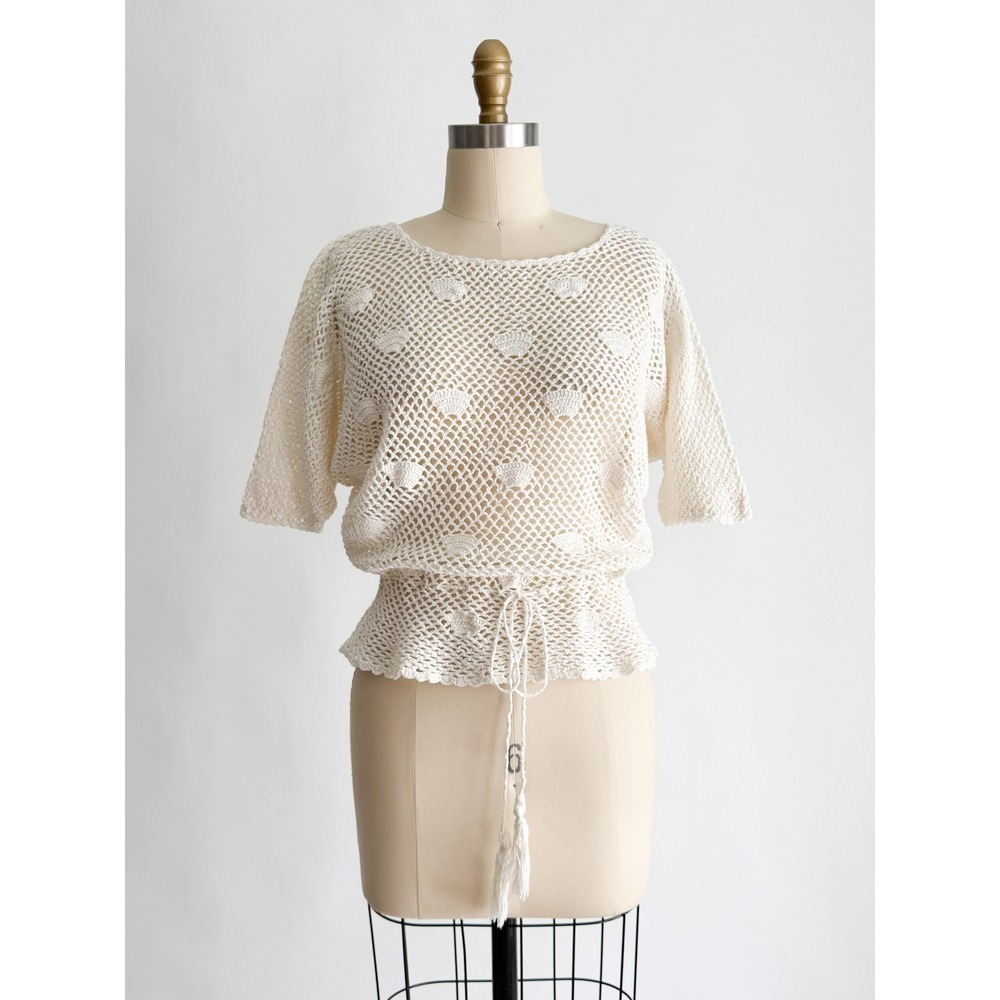 Petite‎ Dimensions Crochet Top Shell Knit Drawstring Waist Medium Ivory Vintage